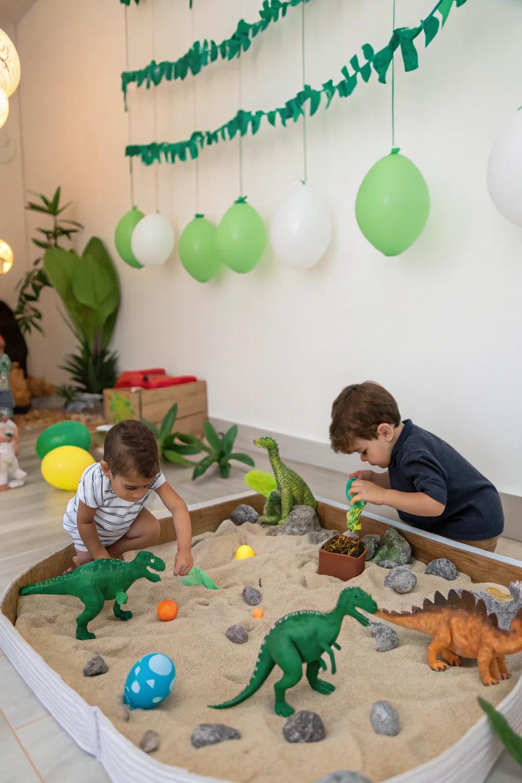 Dinosaur party setup with exciting fossil digs.