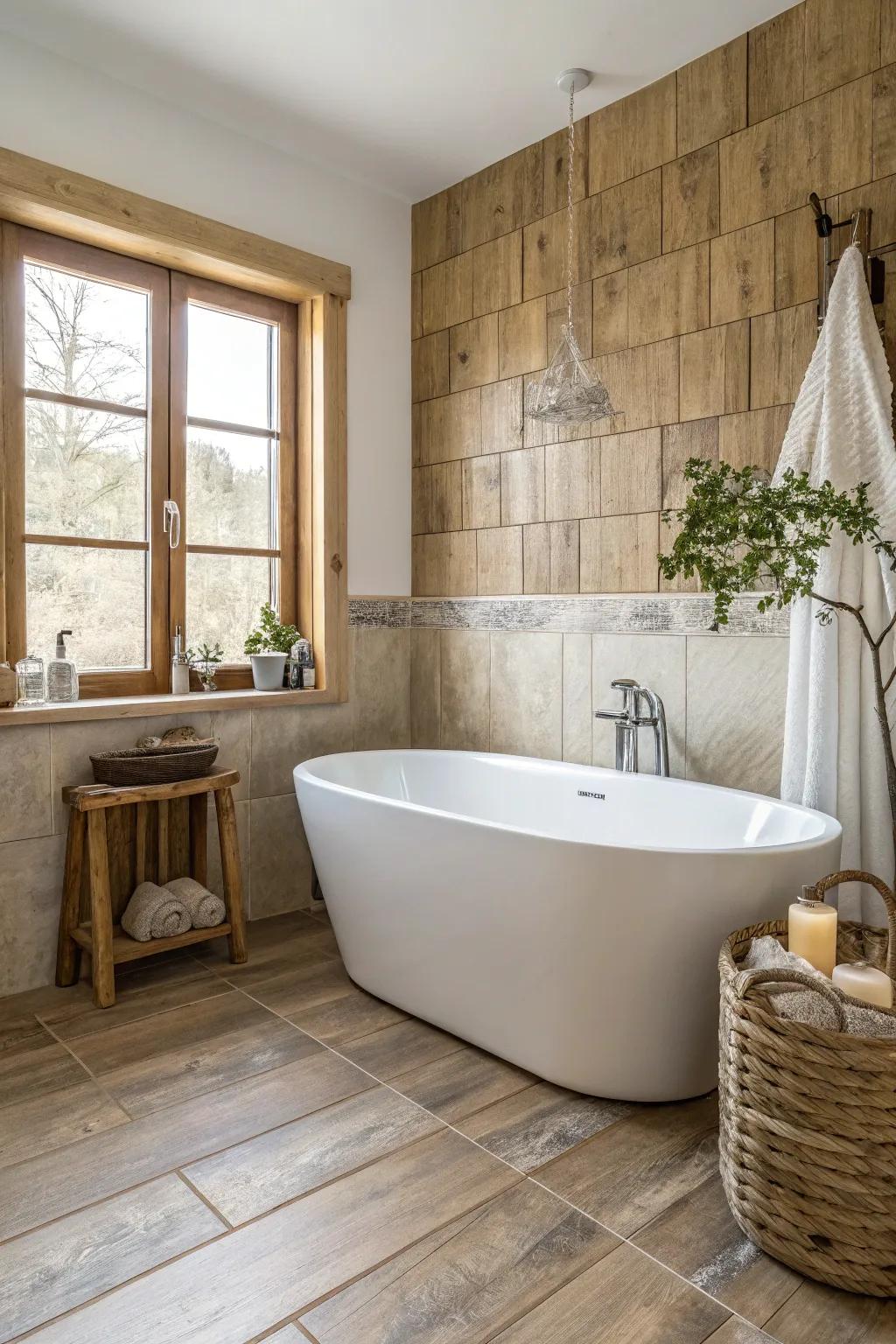 Transform your bathroom into a tranquil forest retreat with the elegance of wood-look tiles.