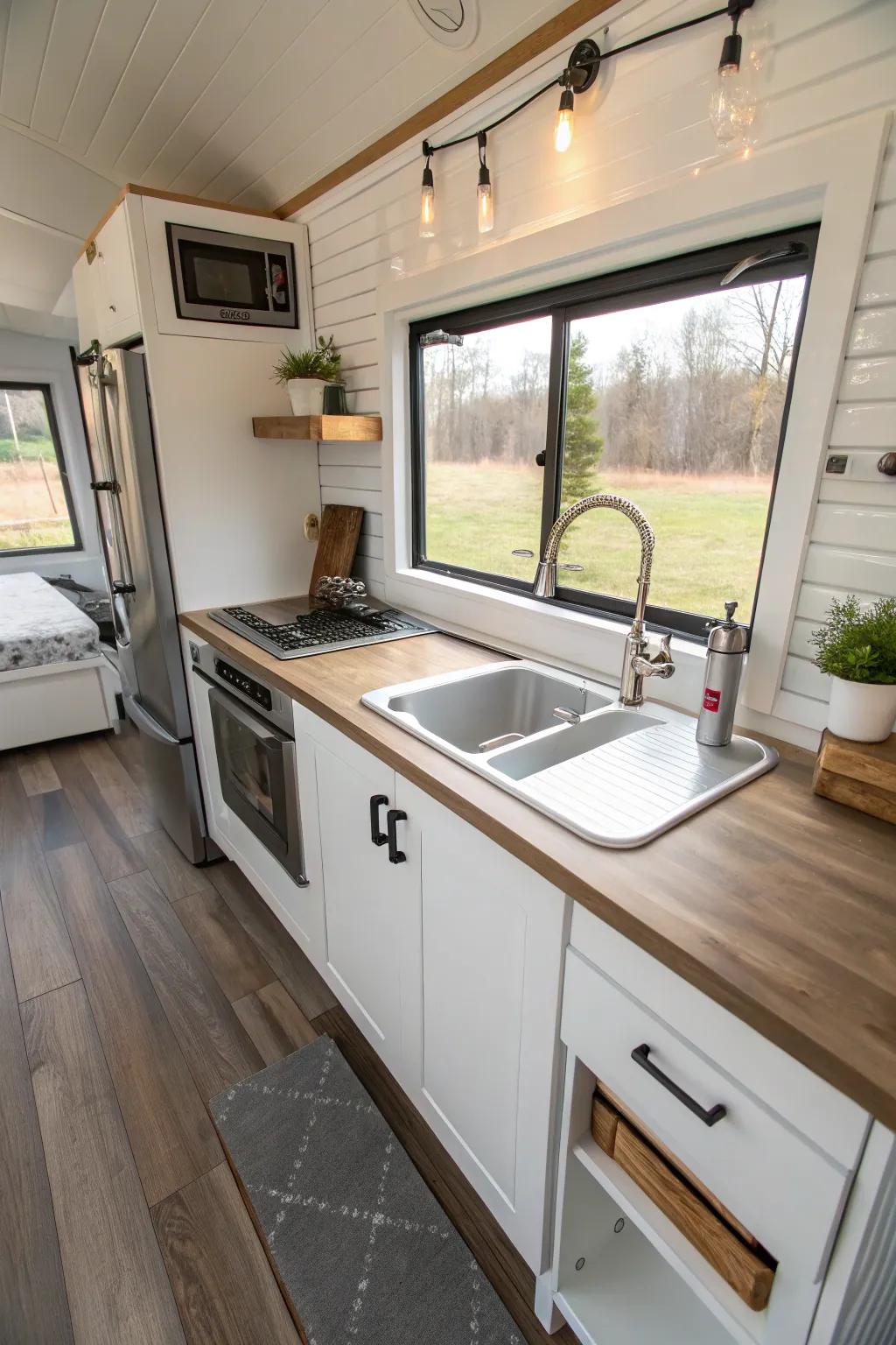 An innovative foldable sink blending seamlessly into a tiny house kitchen.