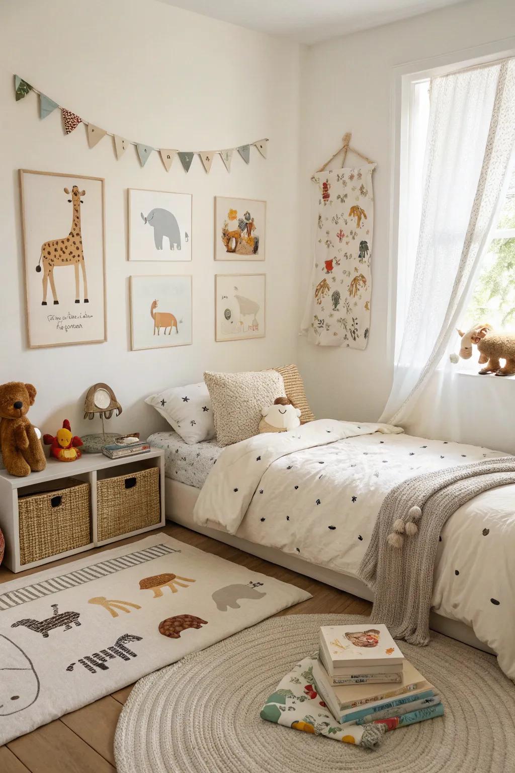 Animal-themed decor brings a sense of adventure to the room.