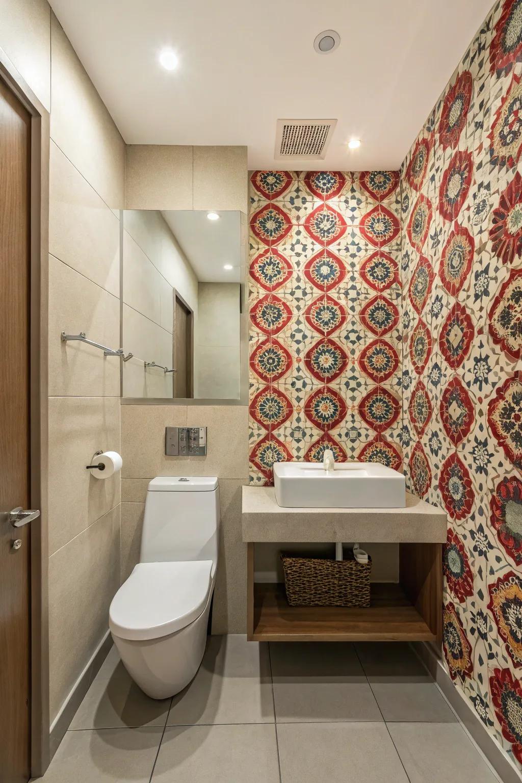 A bold patterned wall adding character to a toilet room.