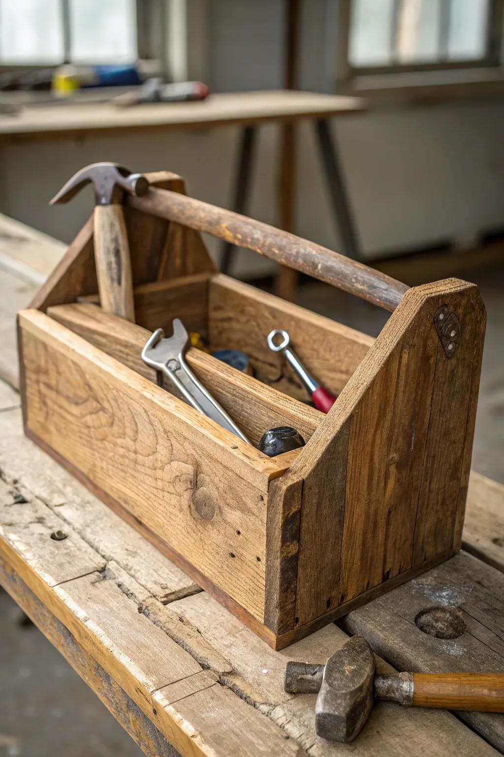 A rustic wooden toolbox: where craftsmanship meets timeless charm.