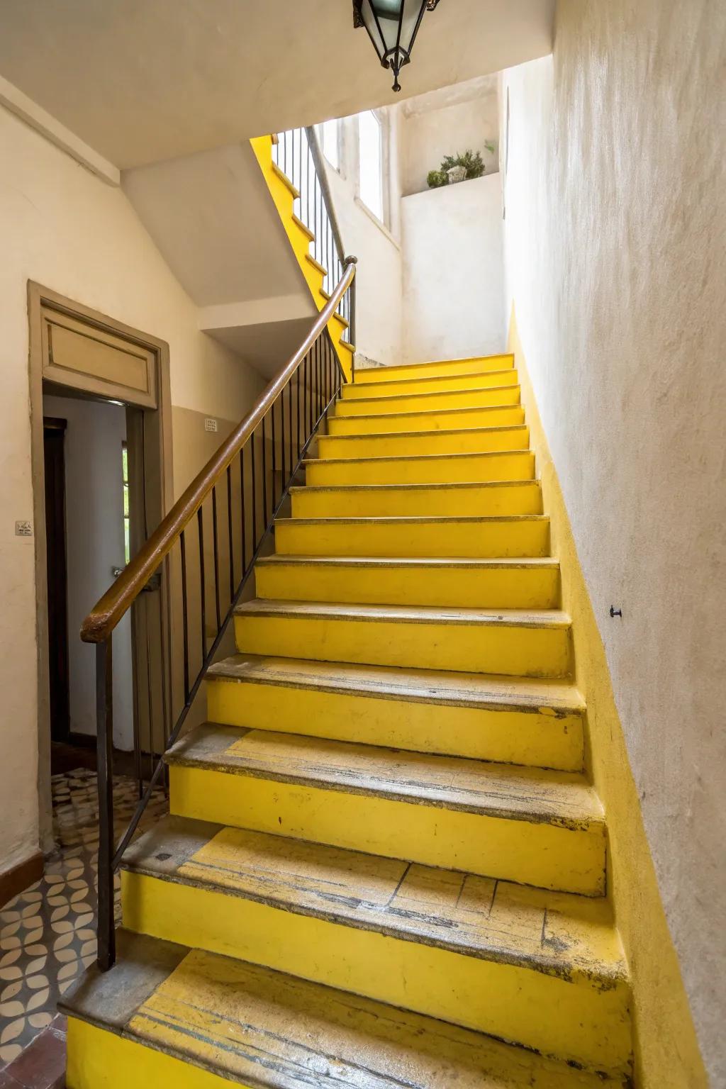 Bright yellow risers add a vibrant touch to this townhouse staircase.