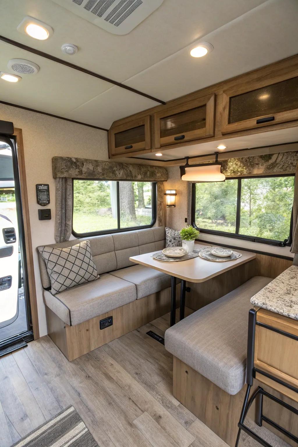 A travel trailer with a convertible sofa and multifunctional dining area, maximizing space and utility.
