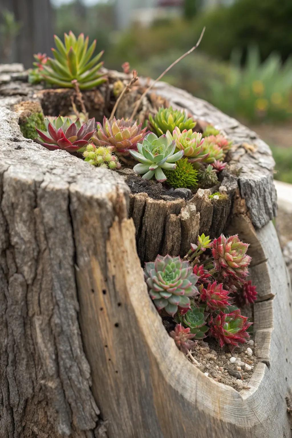 Transform nature into art with a stunning vertical garden crafted from a hollowed tree trunk.
