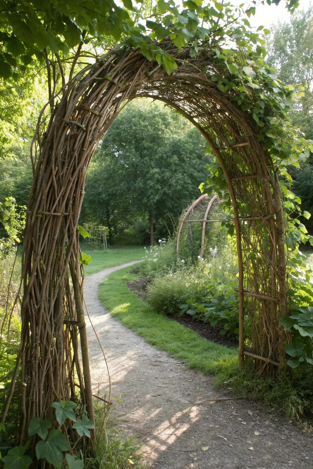 Embrace rustic elegance with willow branch arches for your garden sanctuary.