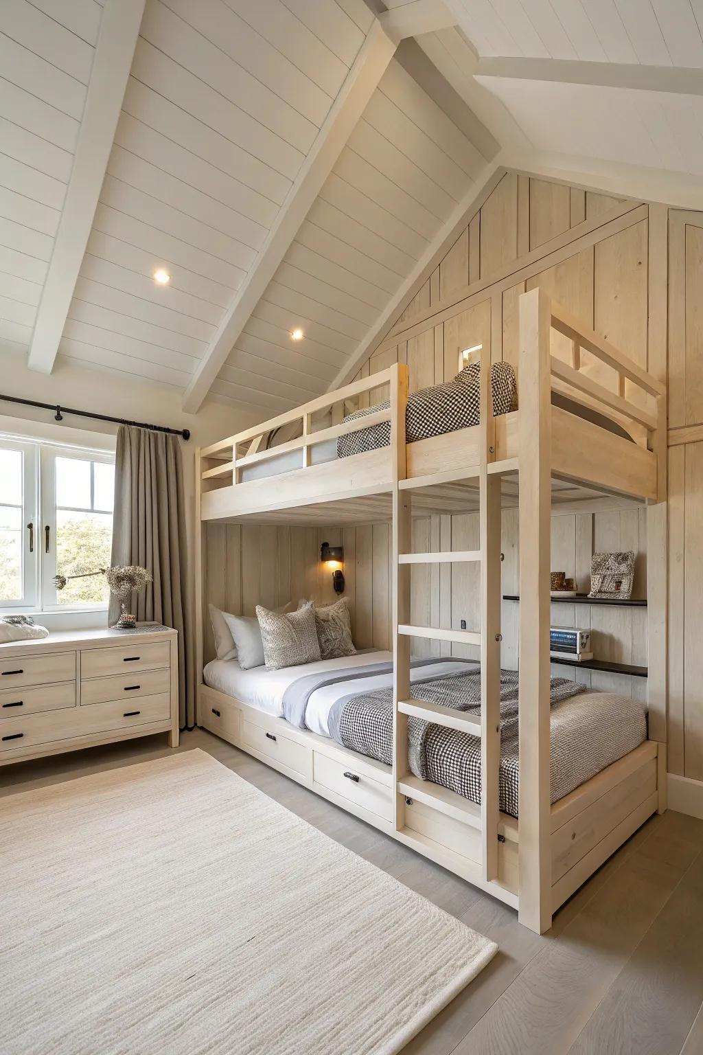 Vertical elegance with space-saving stacked triple bunk beds.