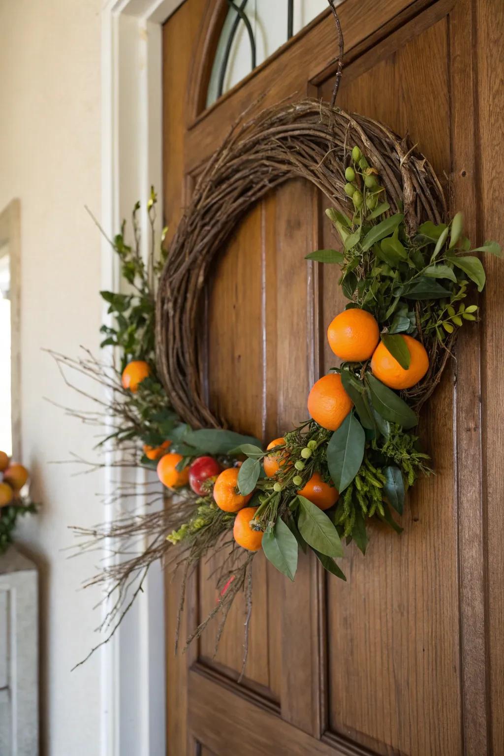 Rustic twigs meet citrus in a unique door display.