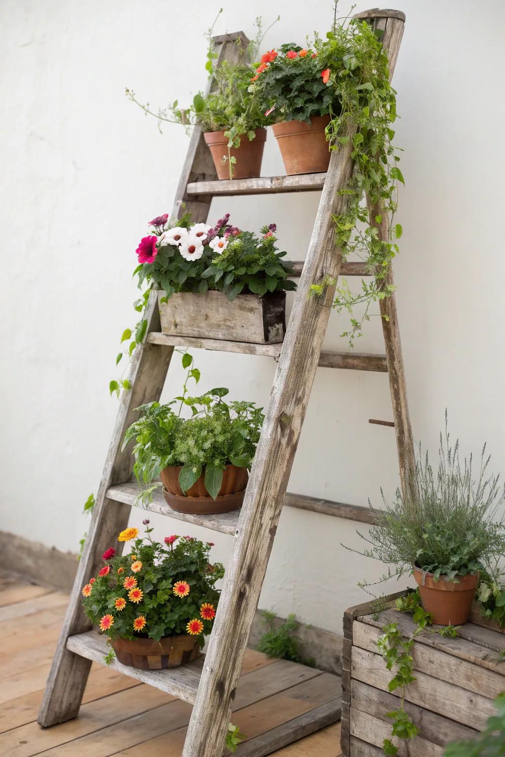 Transform your garden with a touch of minimalist elegance: a wooden ladder plant display that showcases nature's beauty.