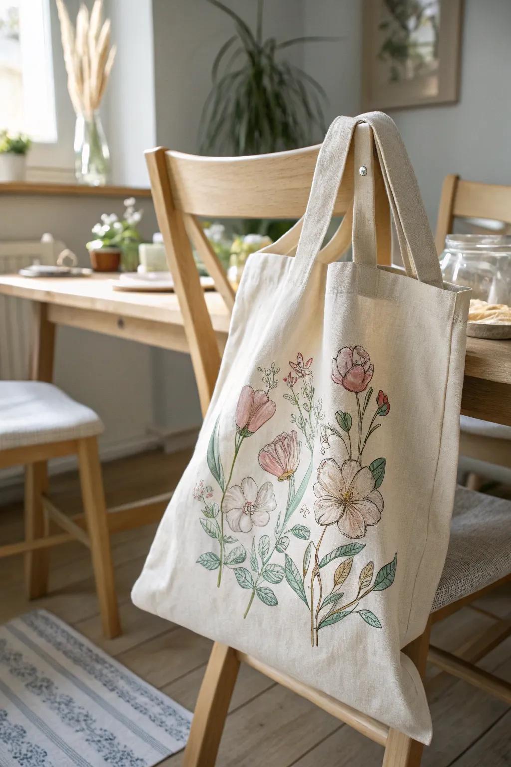 Elevate your style with a floral stenciled tote bag, perfect for any market day!