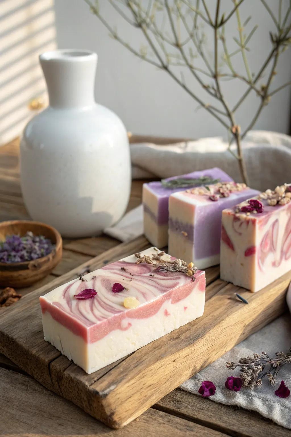 Indulge in the romance of handcrafted layered soap, where every hue tells a story.