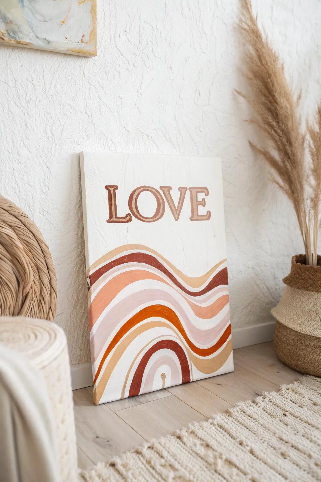 Celebrate the power of simple words with this handcrafted 'LOVE' typography canvas, perfect for a minimalist and bohemian-inspired home.