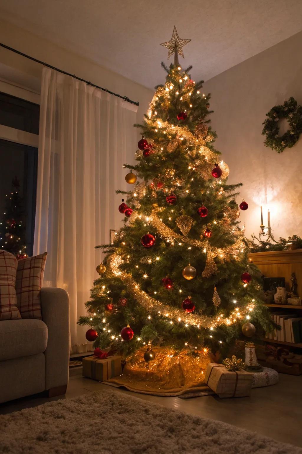 A shimmering Christmas tree embellished with vintage tinsel.