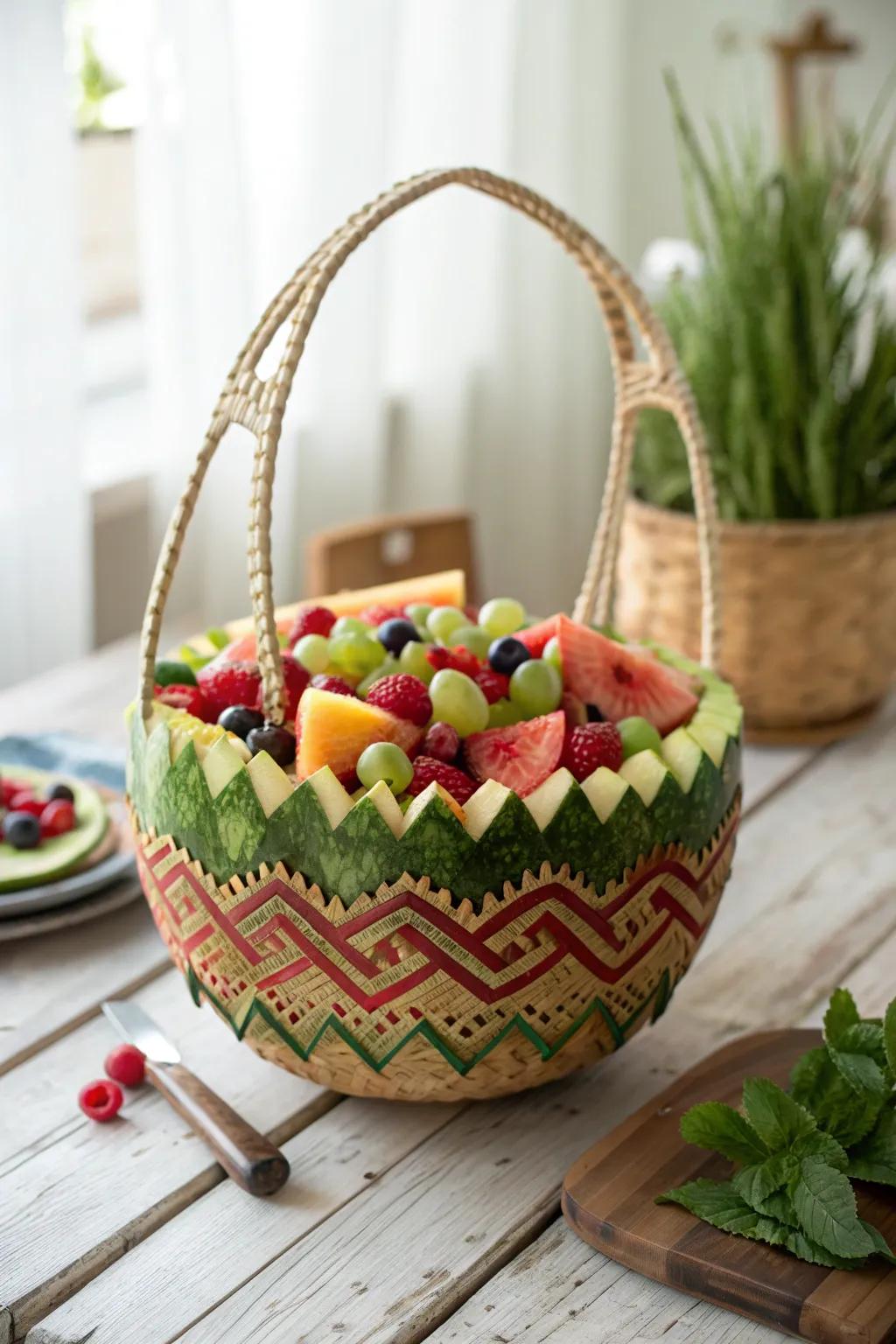Add a touch of artistry to your table with this zig-zag edged watermelon basket. Perfect for summer gatherings!