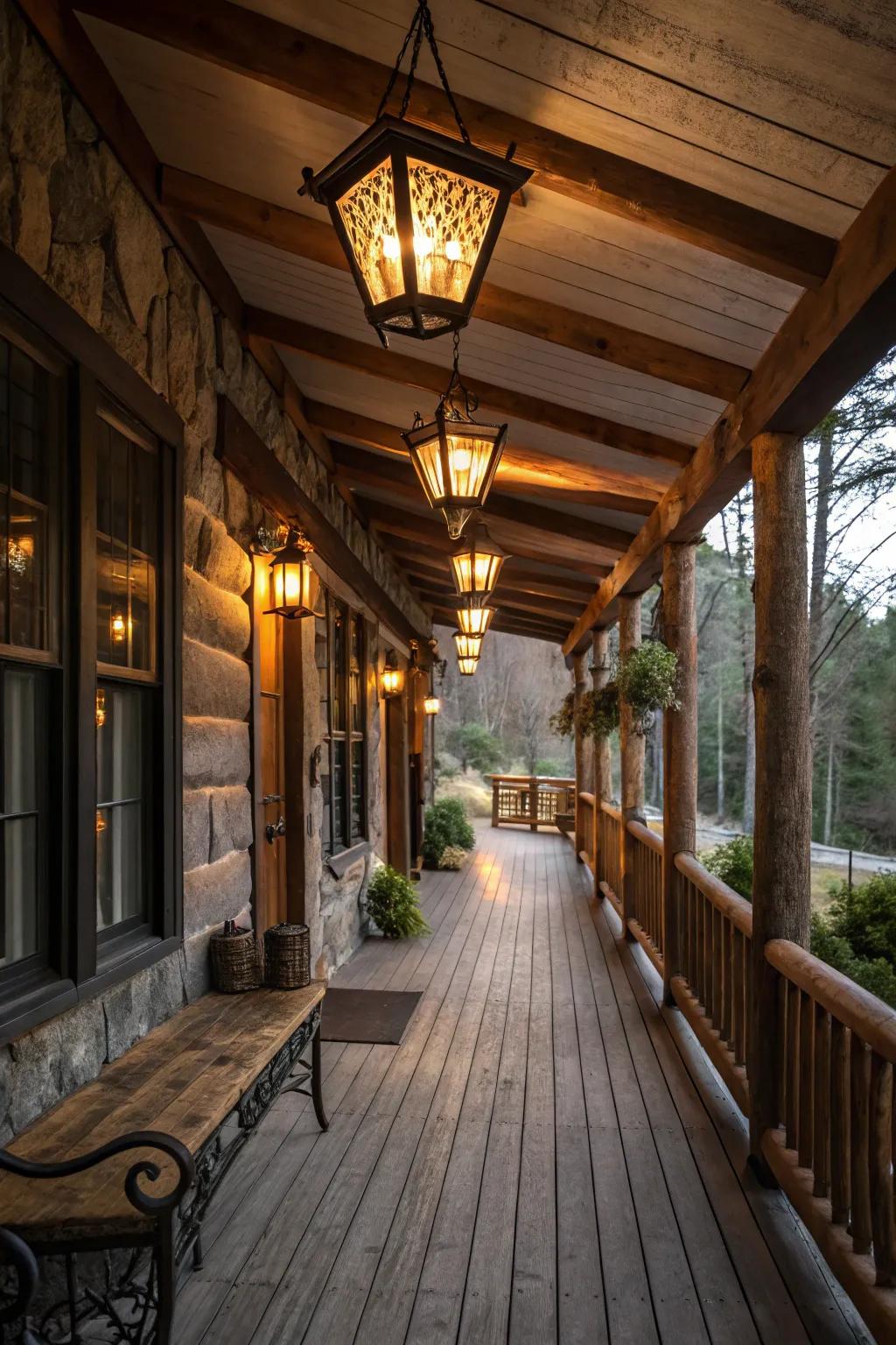 Rustic lantern-style lights create an inviting atmosphere.