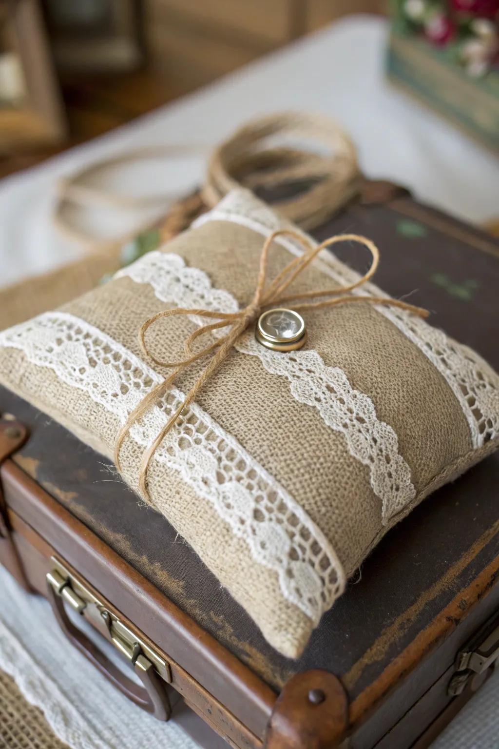 A charming burlap and lace wedding ring pillow.