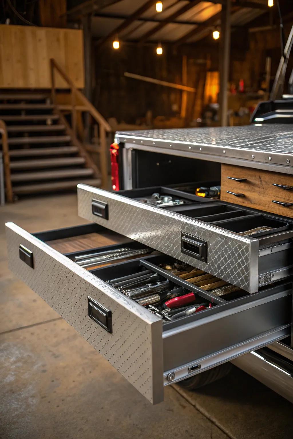 Crafted Precision: Discover the elegance of integrated storage solutions with this expertly welded flatbed.