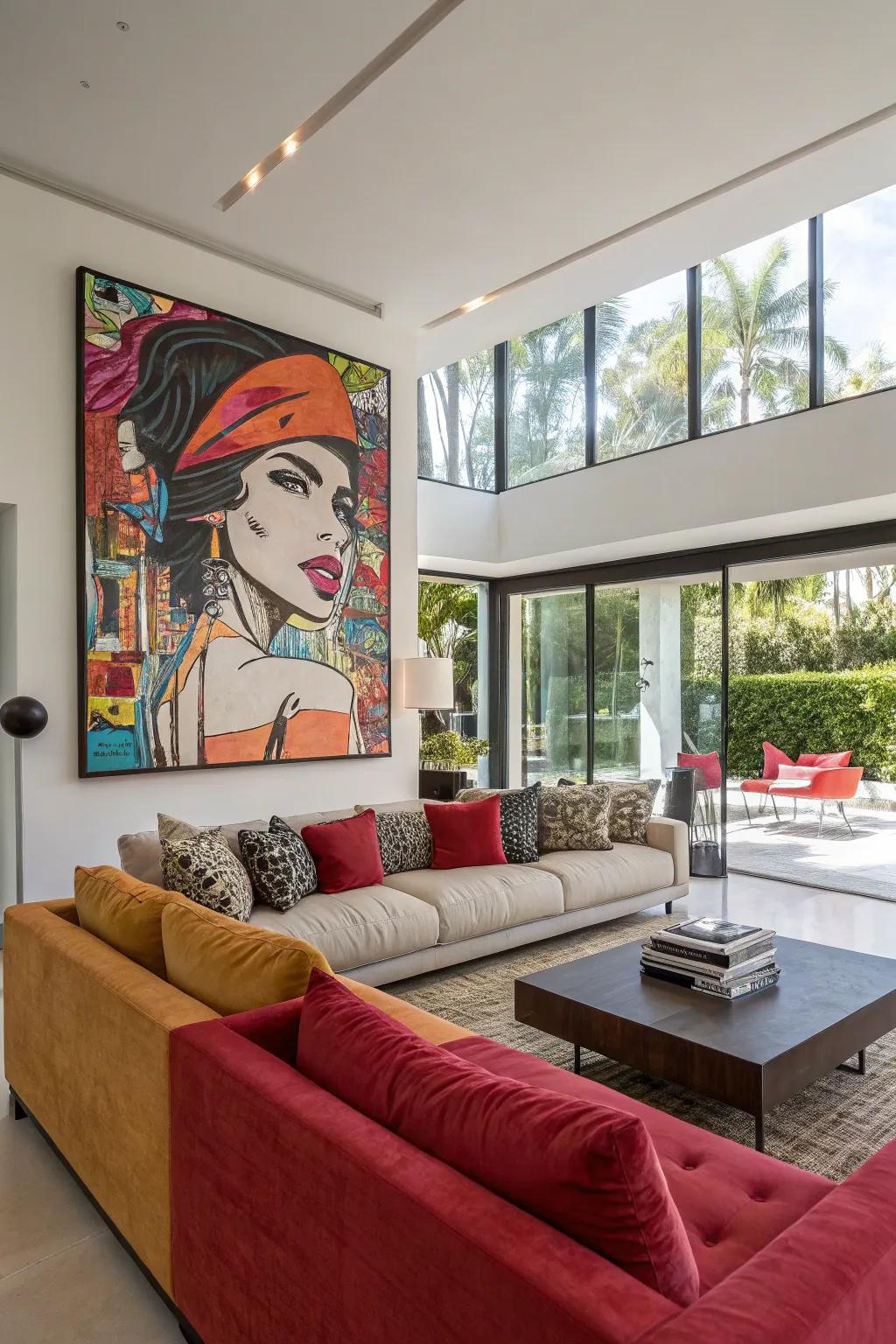 Make a bold statement with an oversized art piece above your couch.