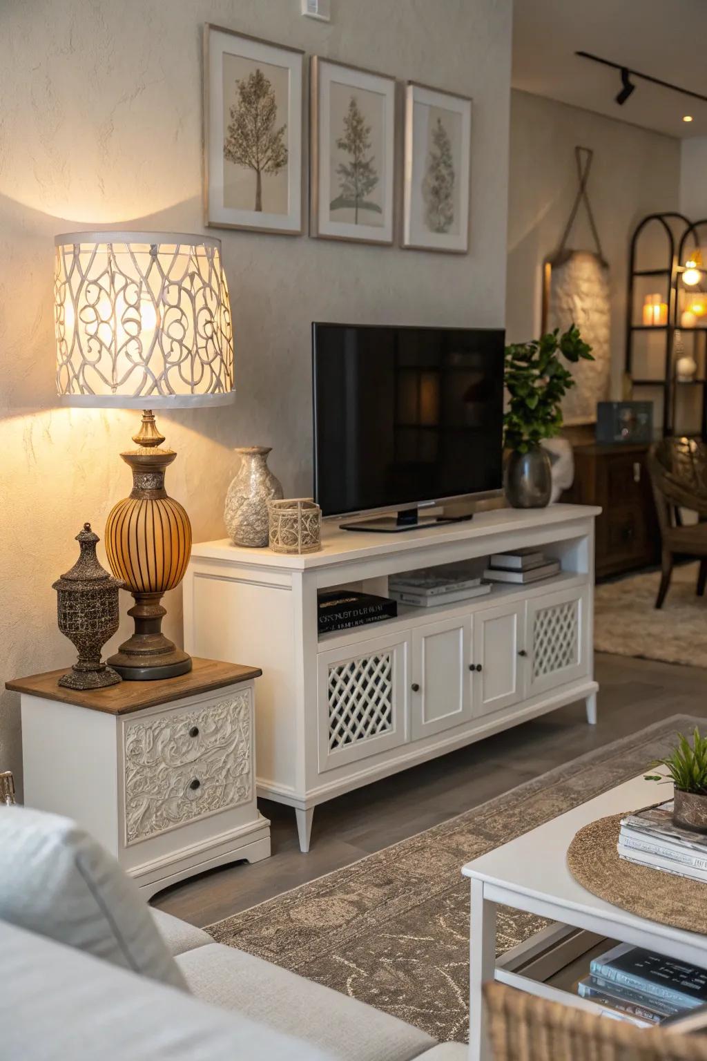 Create ambiance with an elegant lamp on your TV stand.
