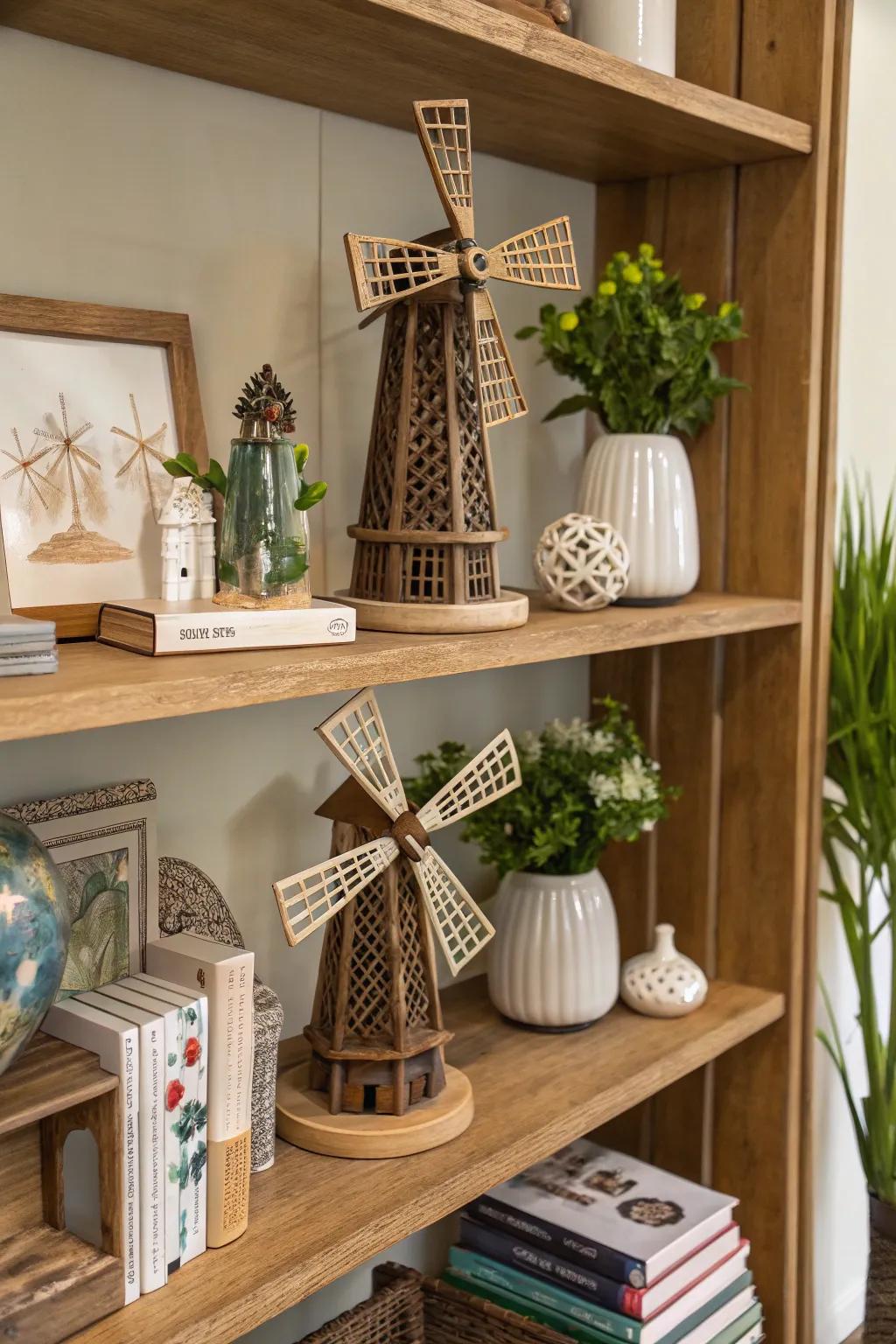 Add small windmill sculptures to shelves for a layered look.