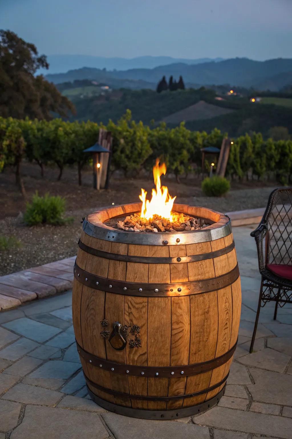 Ignite your gatherings with this handcrafted wine barrel fire pit, where rustic charm meets evening warmth.