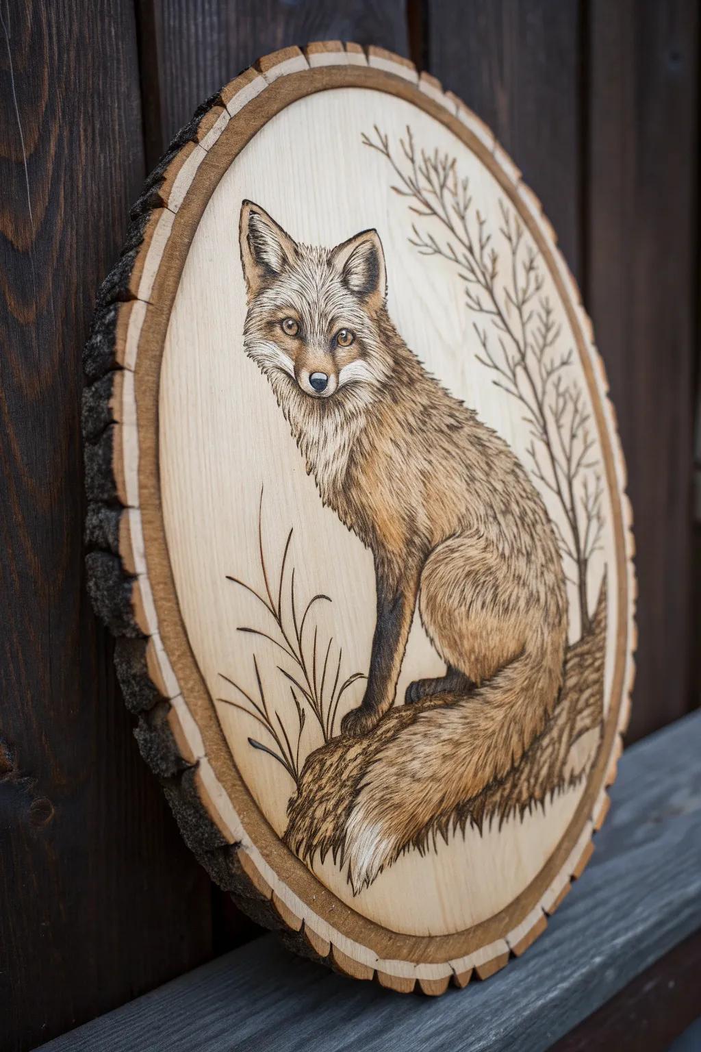 Bring the spirit of the wild into your home with this exquisite wood-burned fox design.