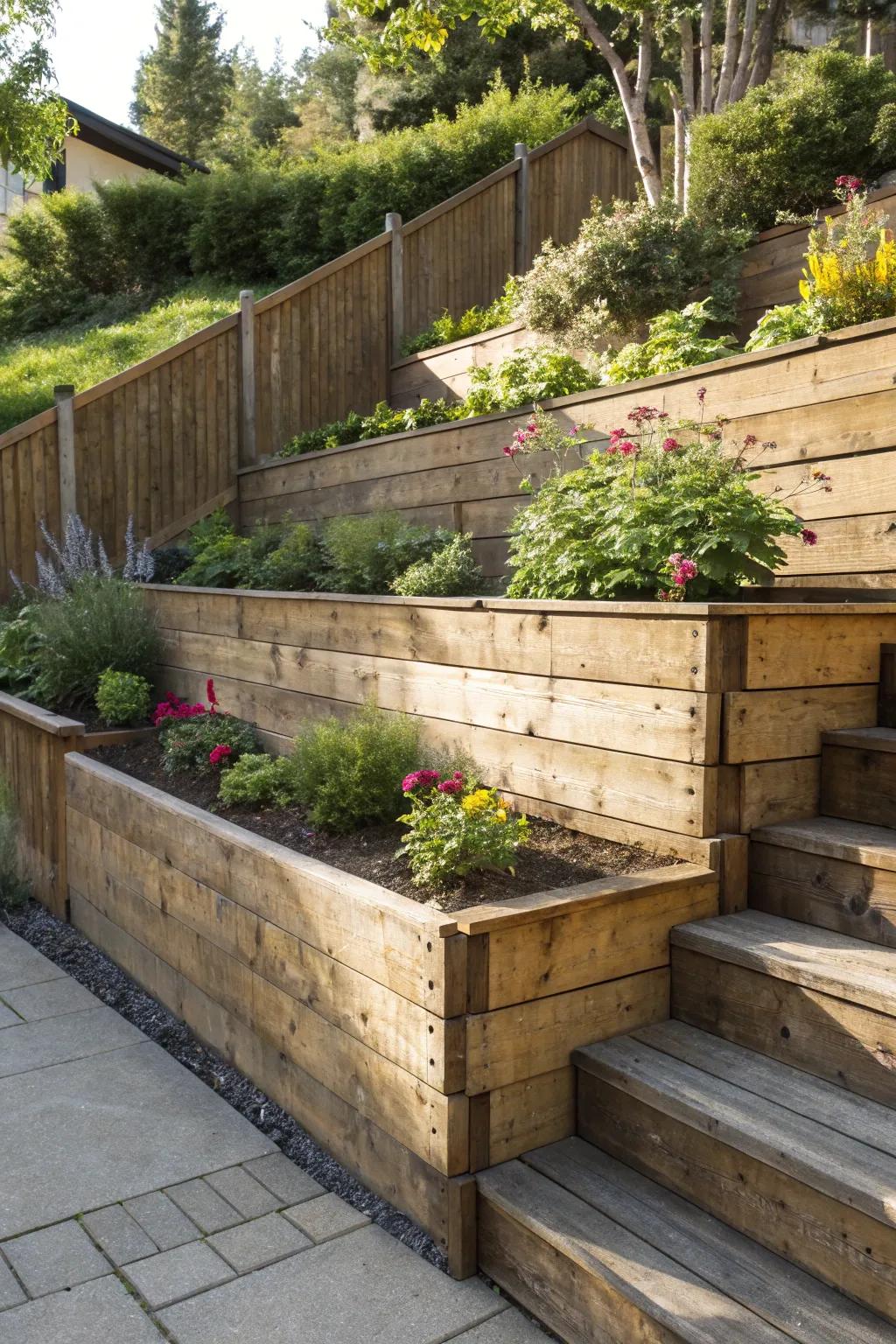 Elevate your backyard design with artisanal terraced wood retaining walls.