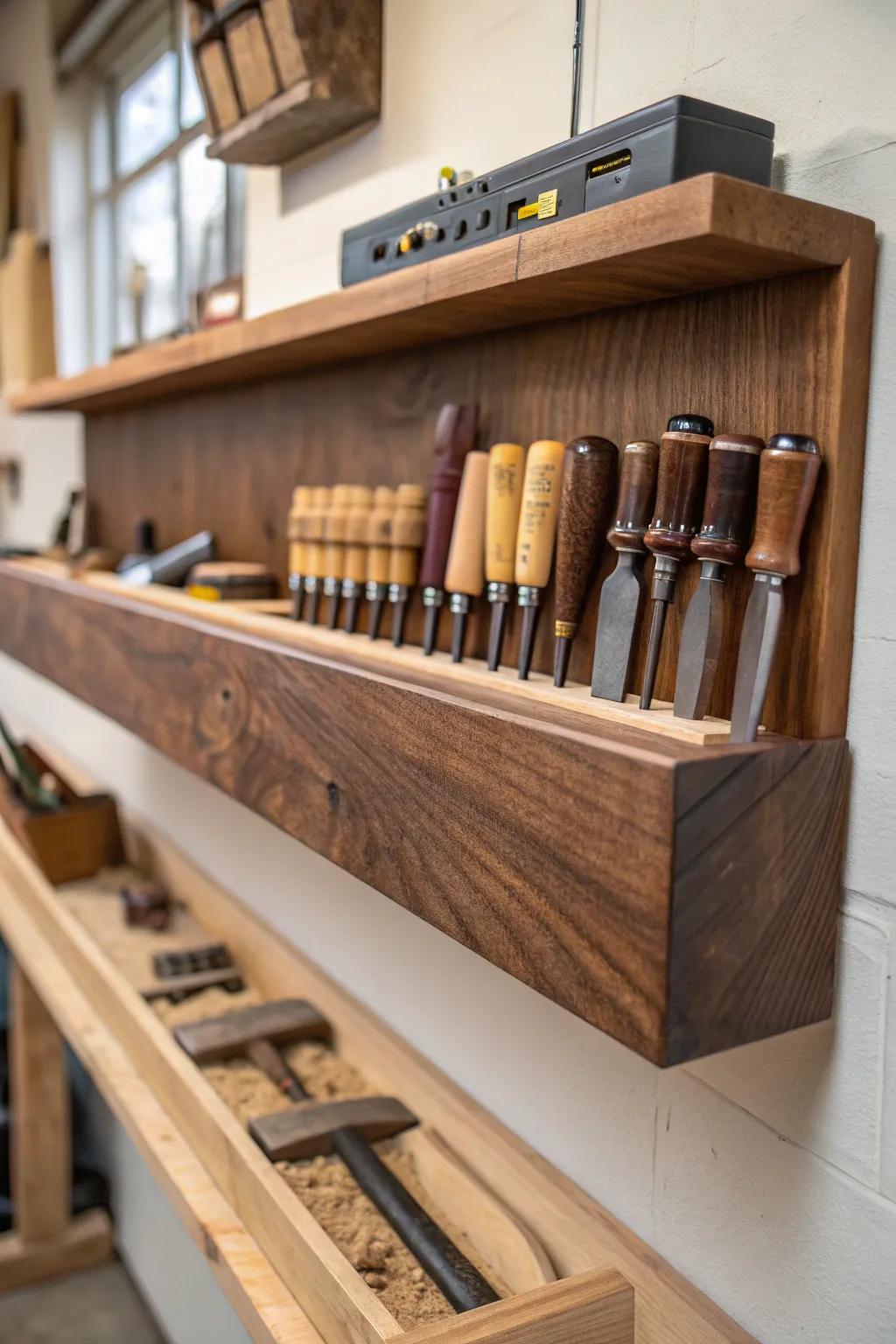 Maximize your workspace with elegant floating tool shelves, blending function and craftsmanship.