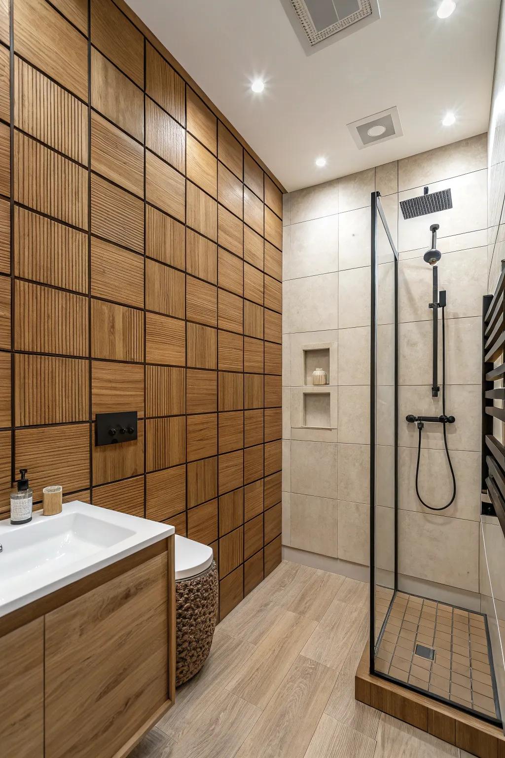 A modern bathroom with square wood paneling accentuating the space.