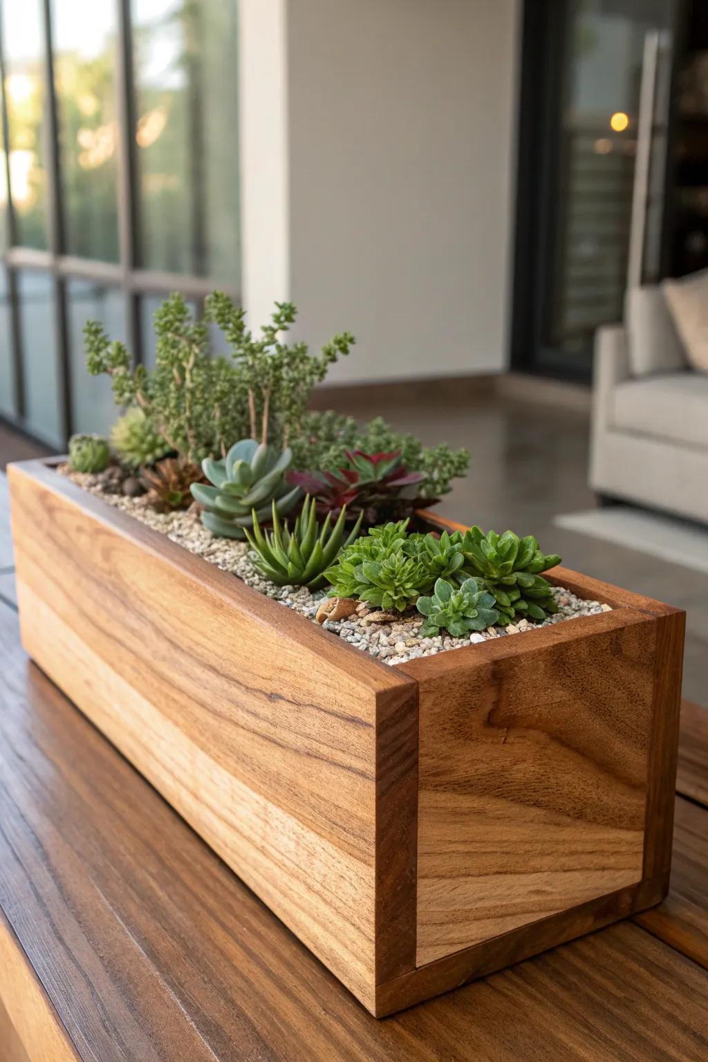 Elevate your space with chic wooden planters that showcase your craftsmanship and complement your greenery.