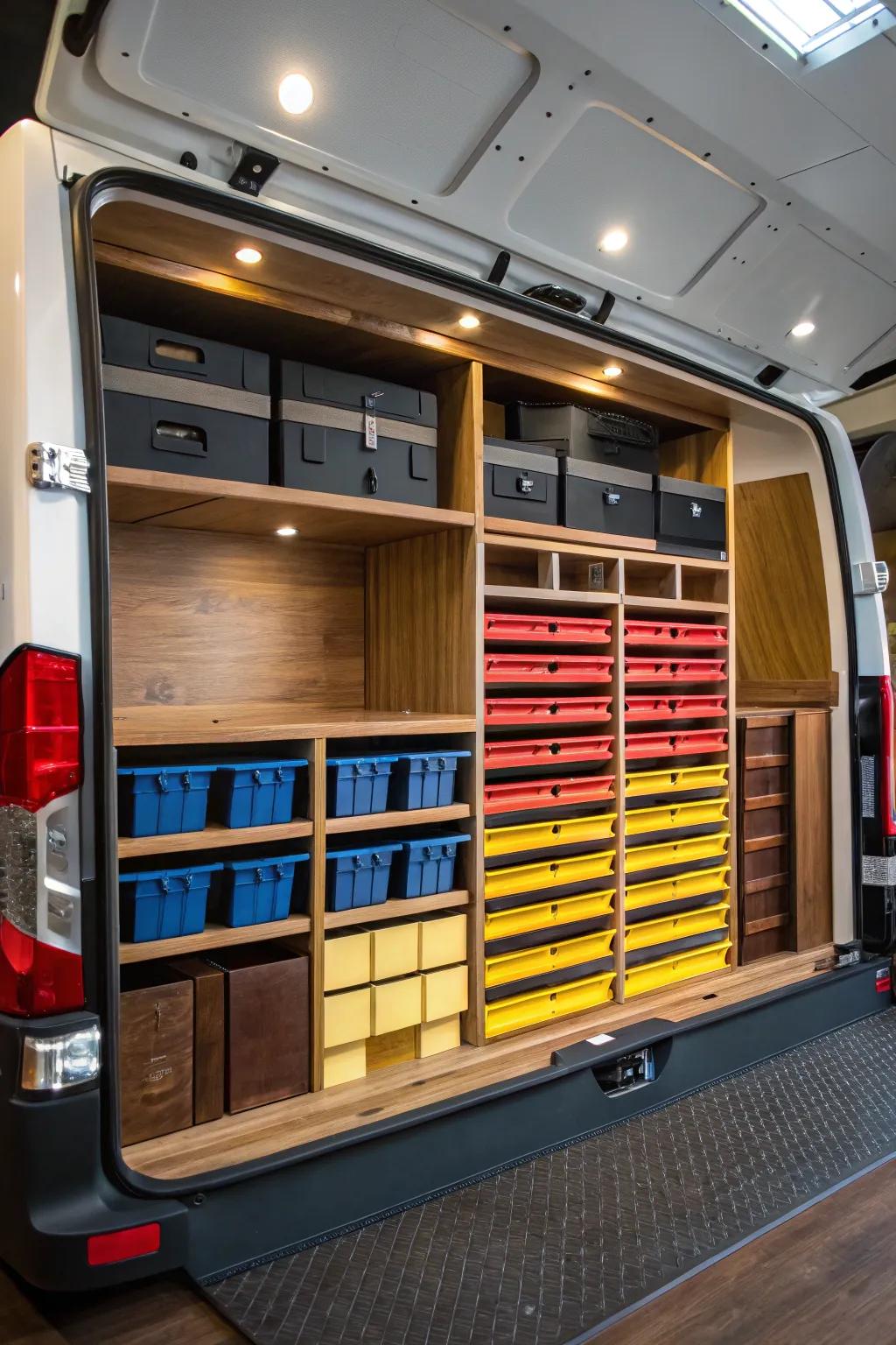 Transform your work van with vibrant color-coded bins for ultimate organization and efficiency.