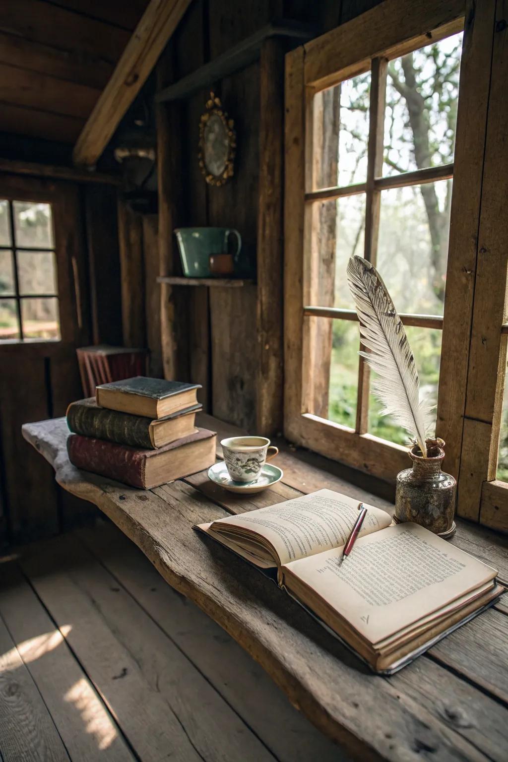A rustic writing shed offering a cozy, storybook atmosphere.