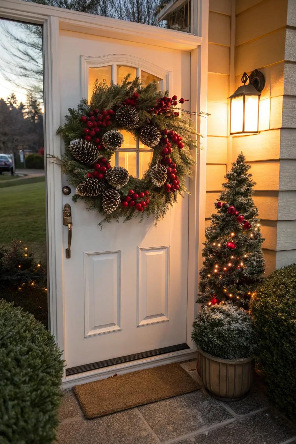 A welcoming Christmas wreath with natural elements.