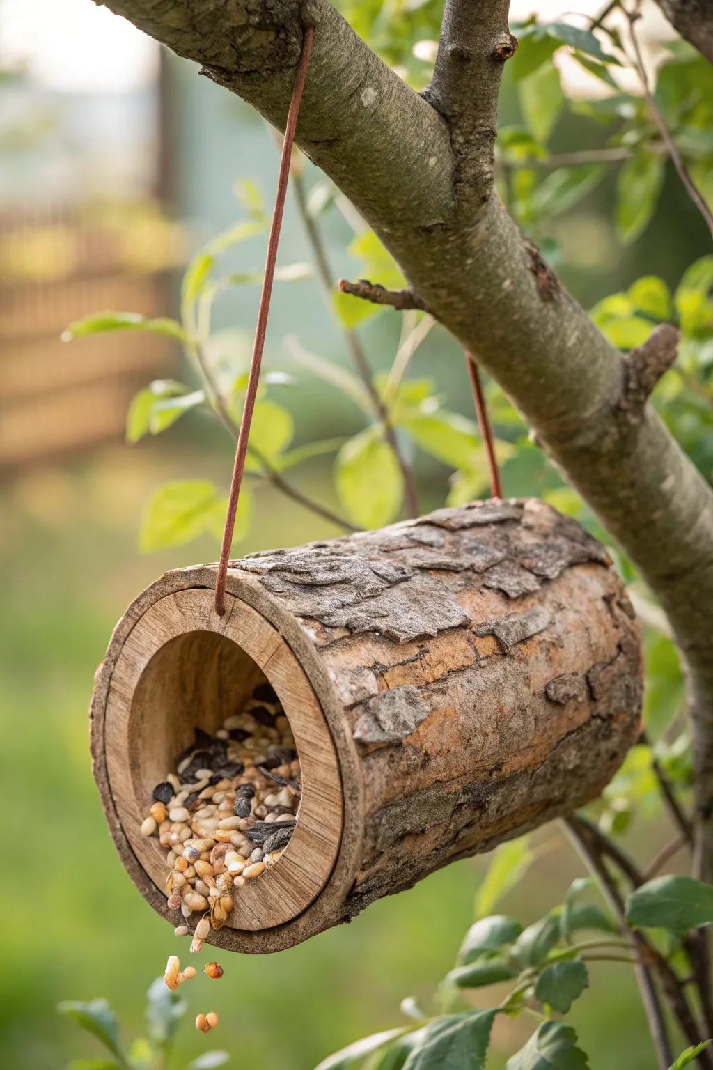 Embrace nature with this handcrafted log bird feeder, where simplicity meets elegance.