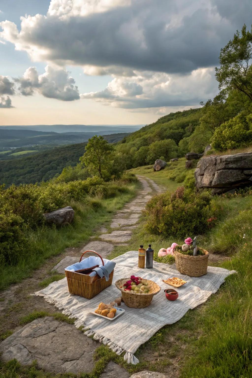 A serene nature hike and picnic setup in a scenic location.