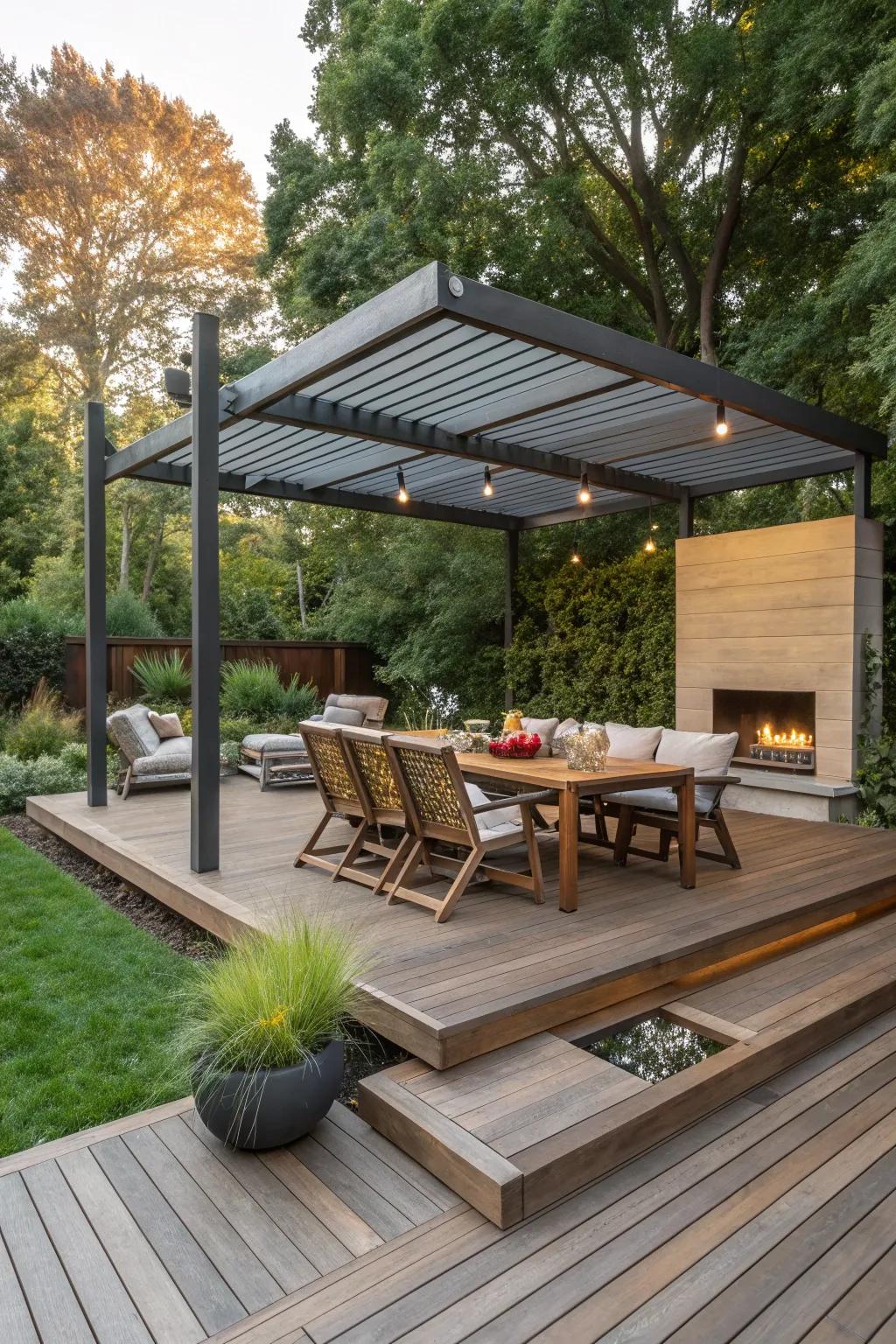 Transform your backyard into a multifunctional masterpiece with a platform deck that seamlessly transitions from dining to lounging.