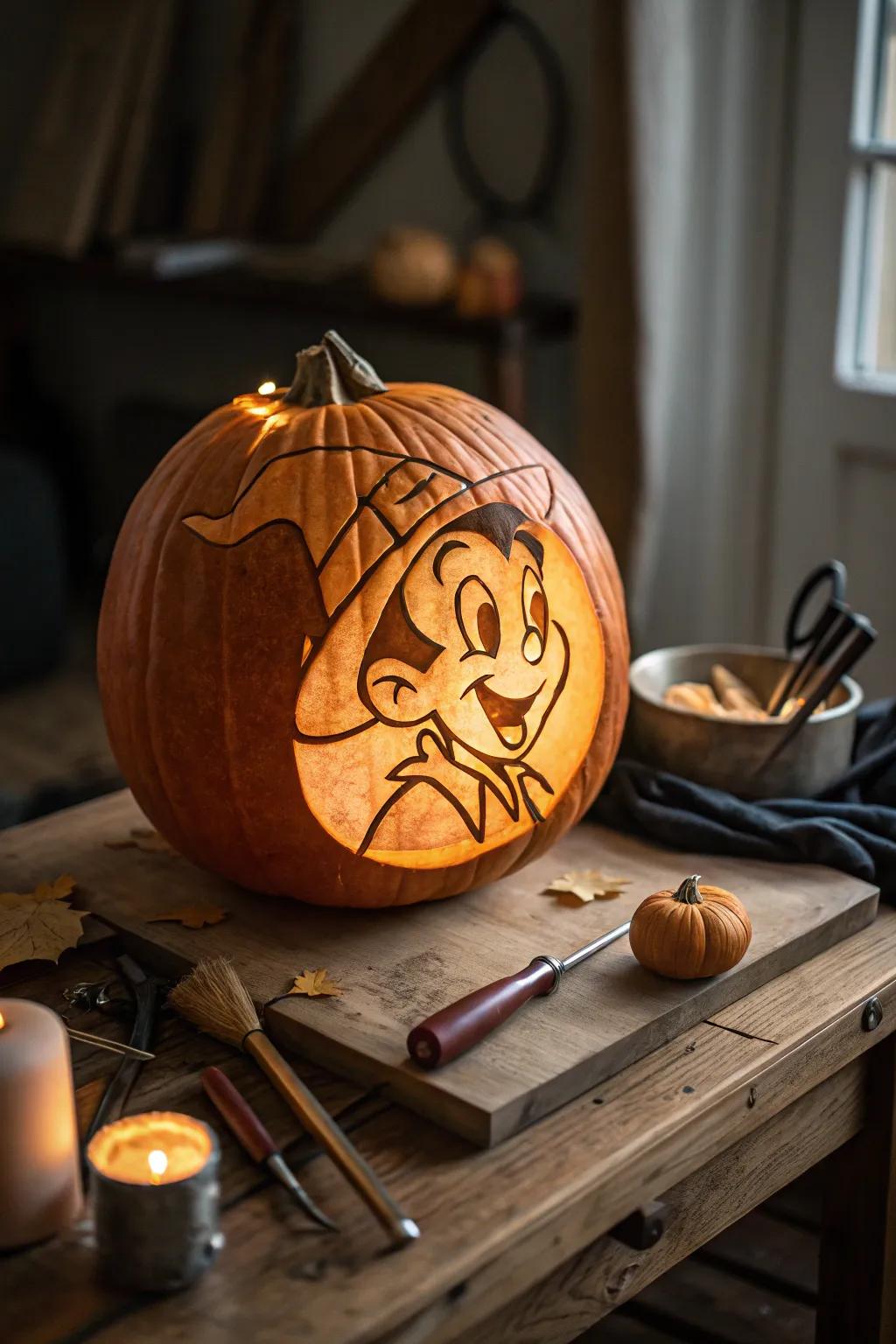 Master the art of carving with this simple yet impressive cartoon portrait pumpkin!