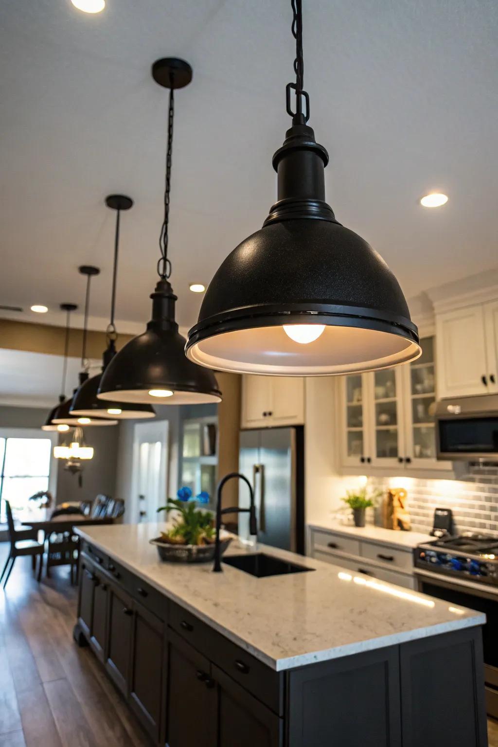 Oversized black fixtures create a dramatic focal point.