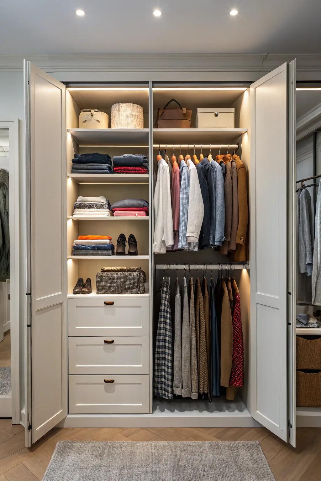 A wardrobe organized by season for practicality and ease of use.