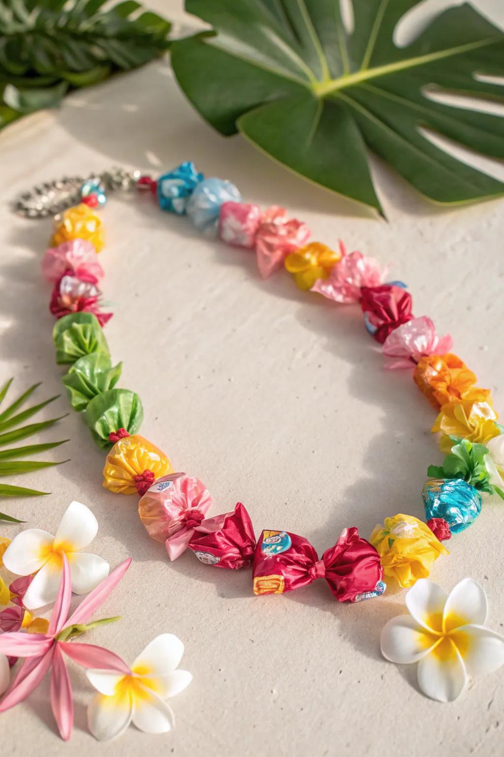 Transform candy wrappers into a stunning eco-friendly lei, blending minimalist elegance with a bohemian touch.