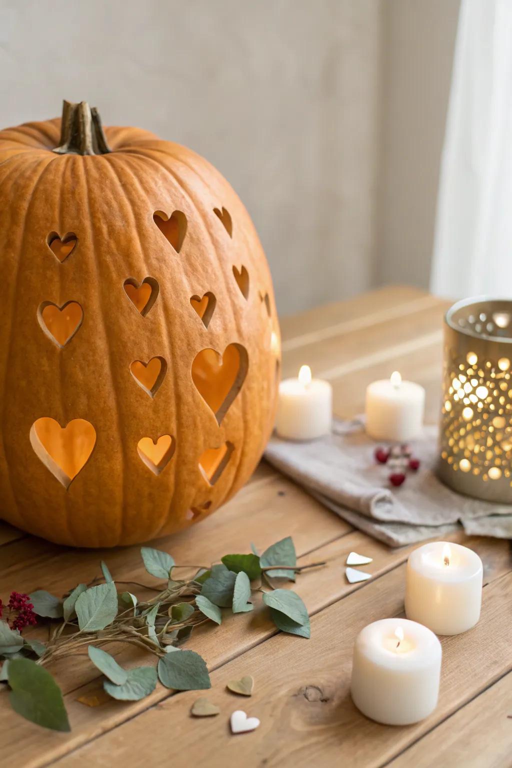 Fall in love with the art of pumpkin carving—where craftsmanship meets minimalist beauty with floating hearts.