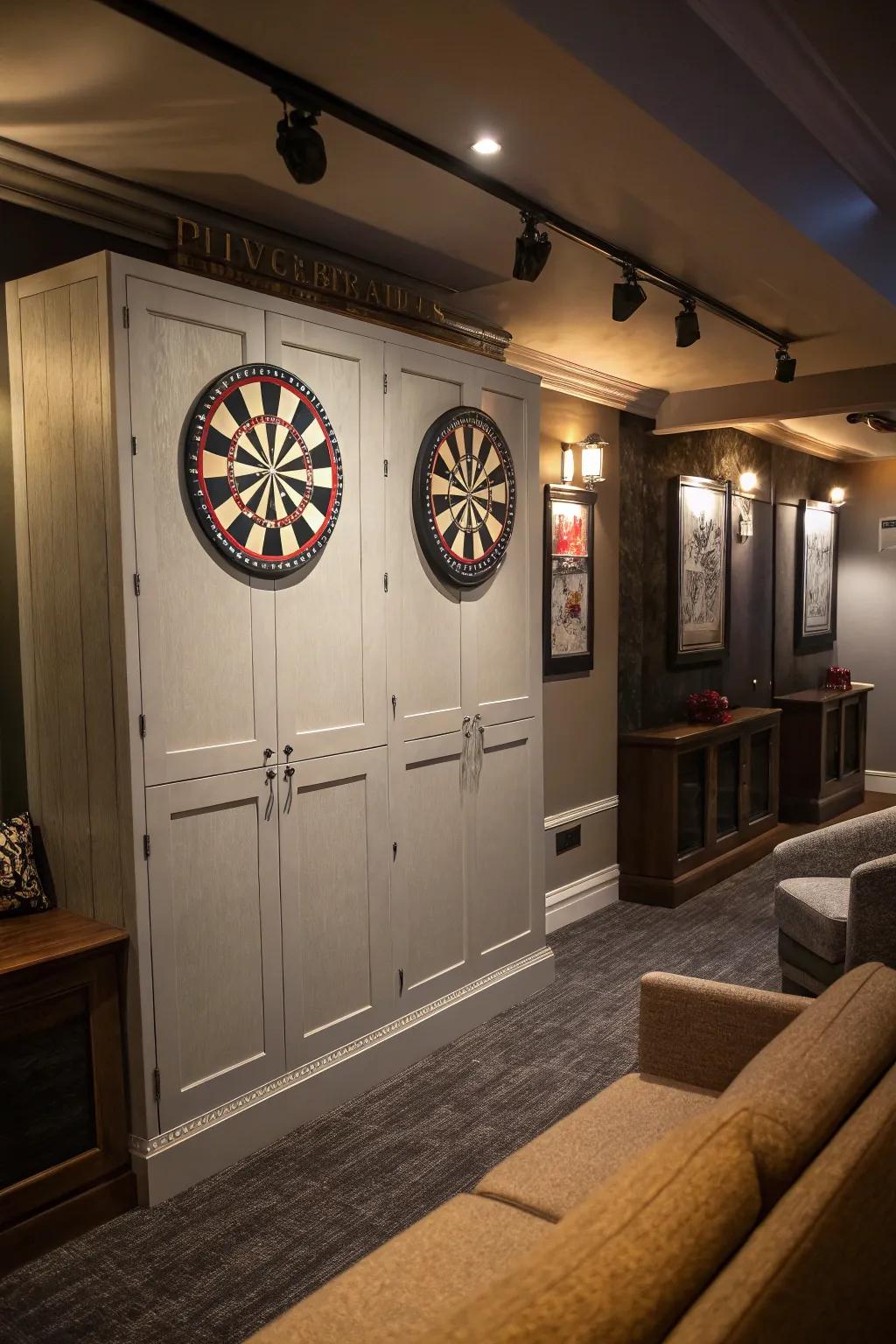 Hidden storage keeps your dart room organized and clutter-free.