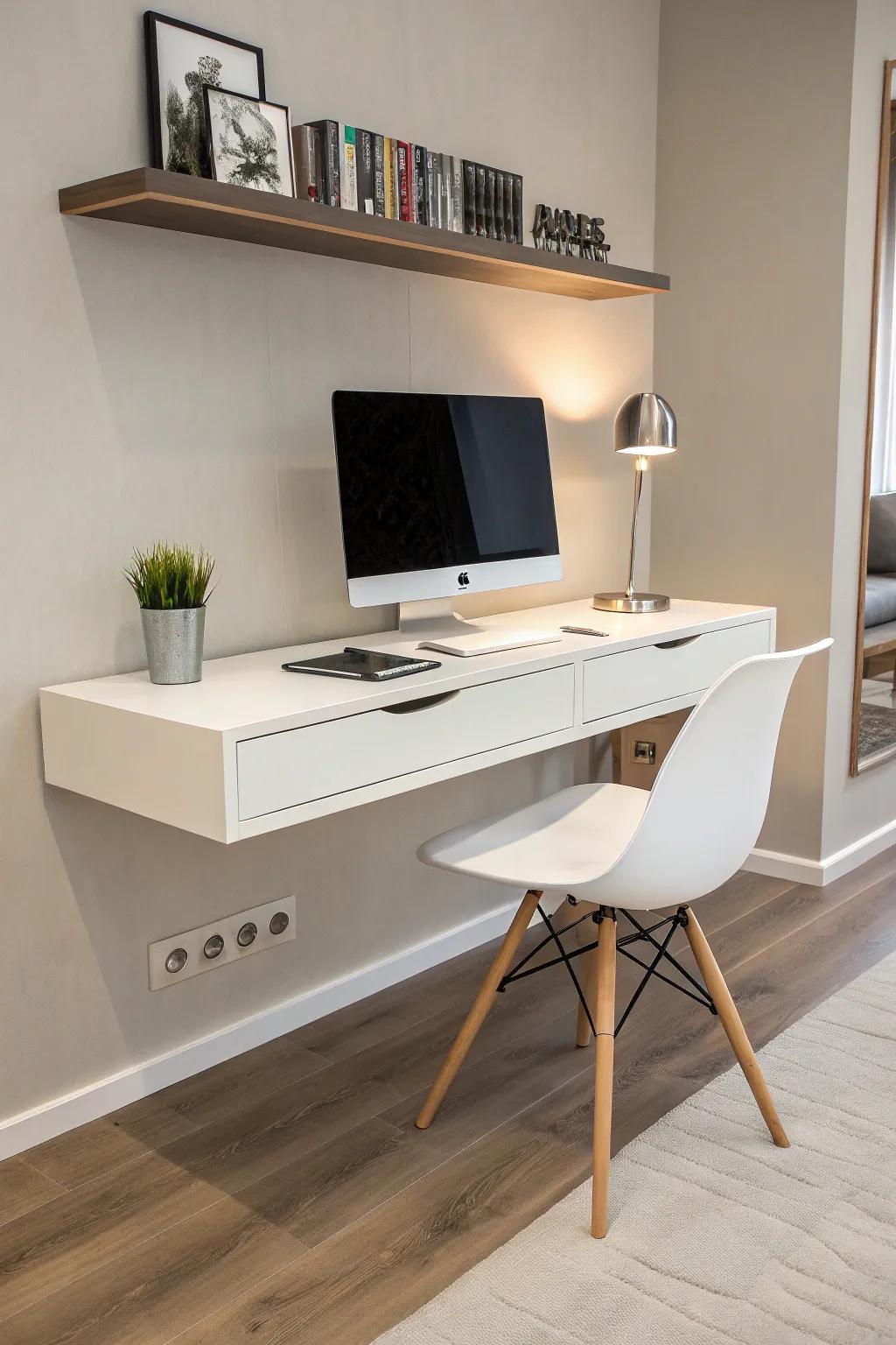 A floating desk creates an airy and uncluttered workspace.