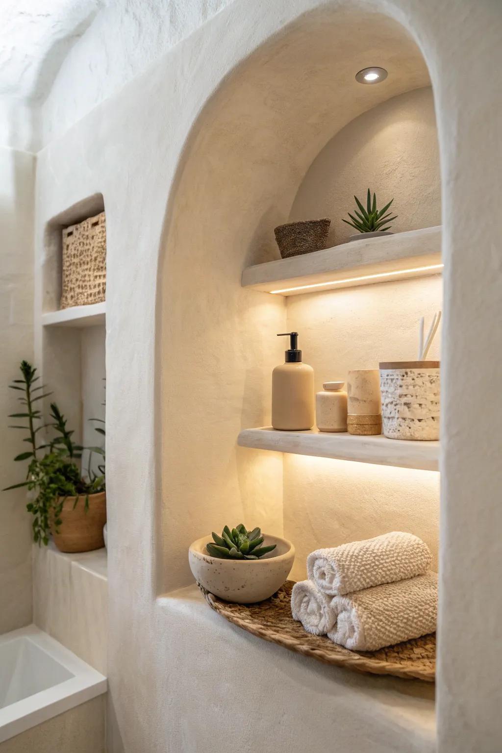 Elevate your bath space with a chic, recessed shelf - where simplicity meets natural beauty.