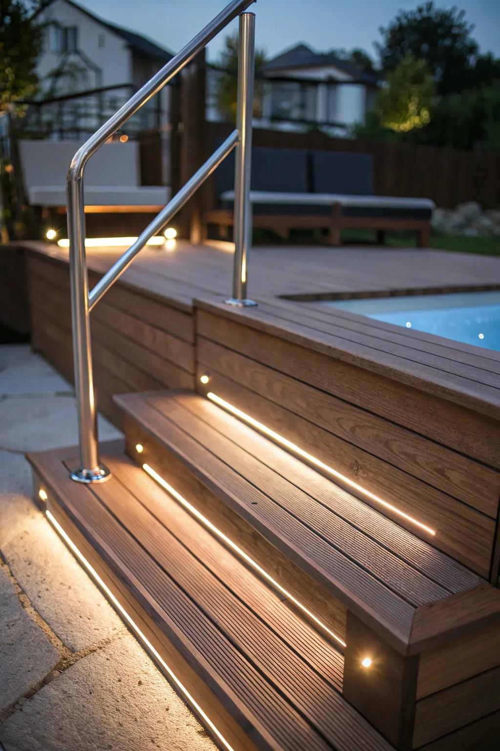 Transform your poolside with the enchanting glow of hidden LED lights under handcrafted steps.