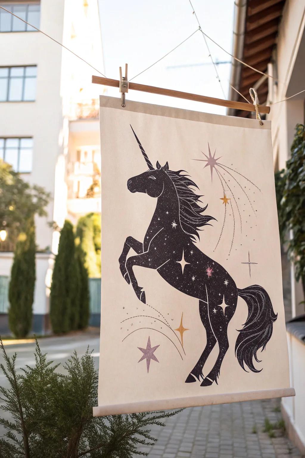 Discover the magic of celestial creatures: a star-speckled unicorn in minimalist elegance.