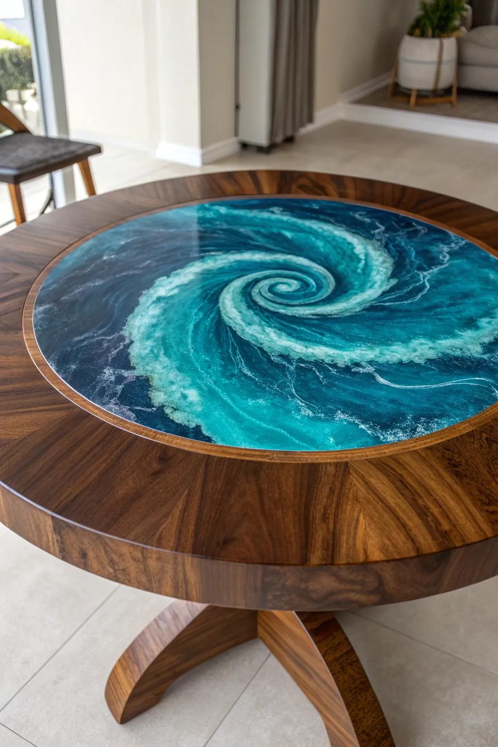 Dive into the mesmerizing motion of the Whimsical Whirl epoxy table, where craftsmanship meets vibrant artistry.