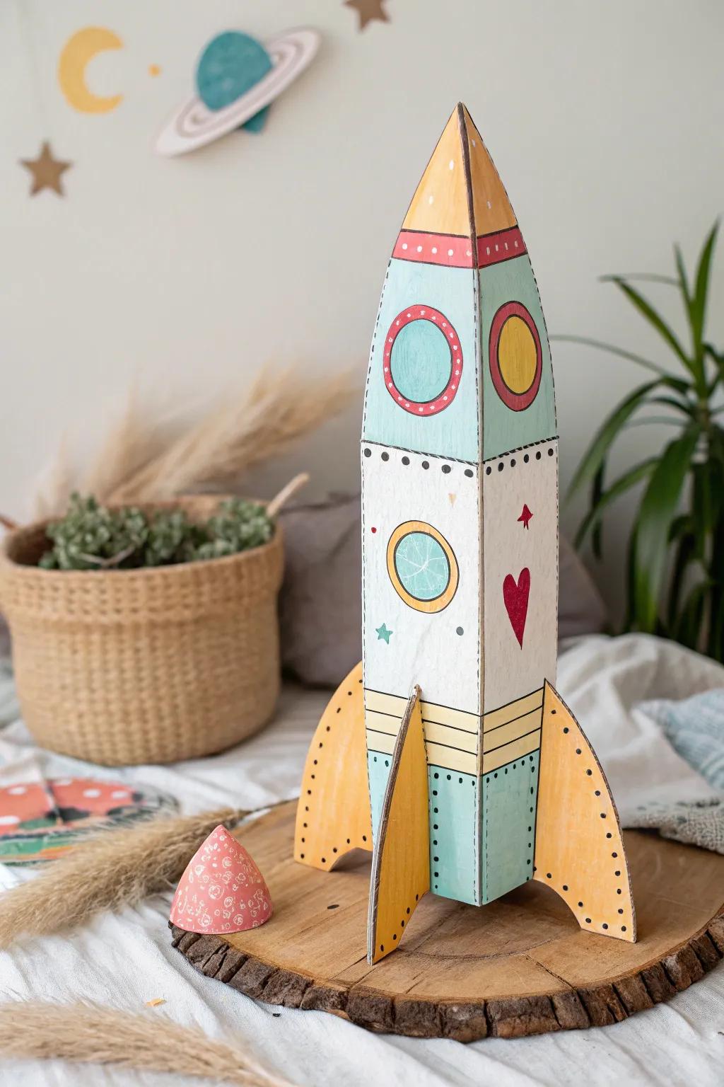 Launch into creativity: A colorful cardboard rocket ship ready to inspire and delight!