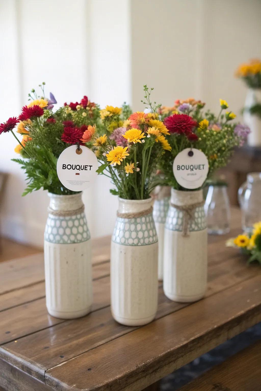 Customized labels give vases a personal and thoughtful touch.