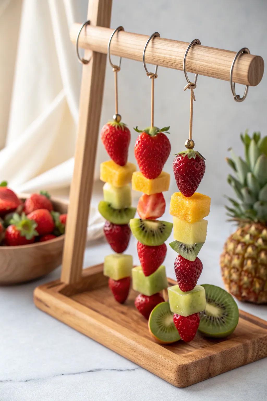 Defy gravity with this stunning upside-down fruit kabob display, perfect for a touch of elegance at your next gathering!